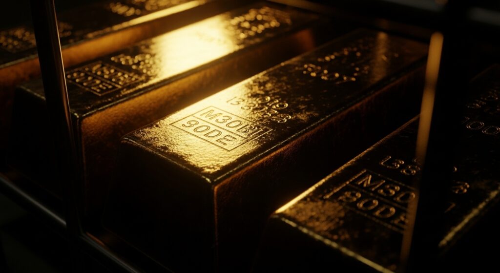 Gold bars stacked inside a metal cage, highlighting their value and confinement.