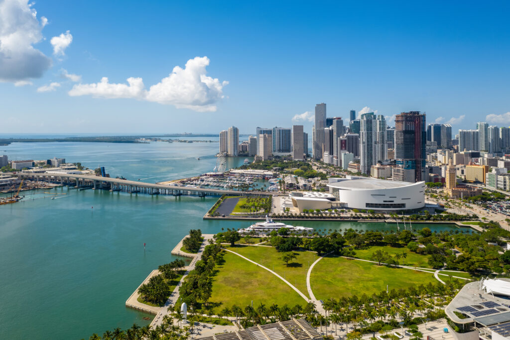 Aerial view of Miami waterfront and skyline